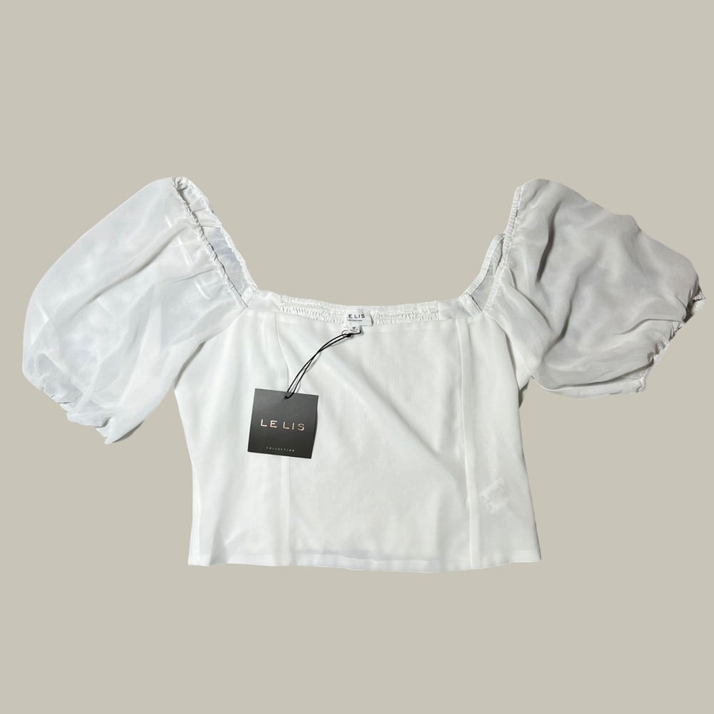 Le Lis White Puff Sleeve Smocked Back Square Neck Crop Top ST7784 Medium
